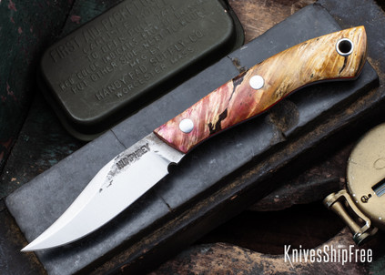 Lon Humphrey Knives: Mudbone Muskrat - Forged AEB-L - Box Elder Burl - Red Liners - LH22AJ143