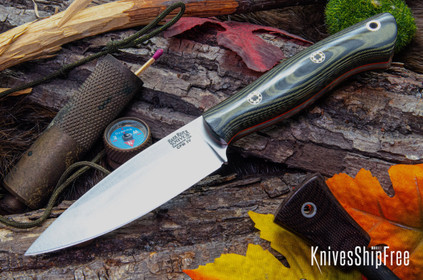 Bark River Knives: Mini Aurora - CPM-3V - Black & Green Linen Micarta - Orange Liners - Mosaic Pins