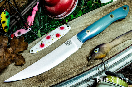 Bark River Knives: Kalahari Mini-Sportsman - CPM 154 - Ghost Green Jade G-10 - Blue Liners - Mosaic Pins