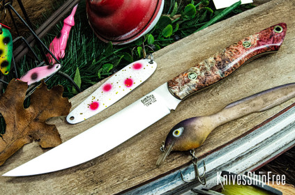 Bark River Knives: Kalahari Mini-Sportsman - CPM 154 - Salmon & Cream Maple Burl - Black Liner - Mosaic Pins