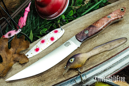 Bark River Knives: Kalahari Mini-Sportsman - CPM 154 - Salmon & Rose Maple Burl - White Liner - Mosaic Pins