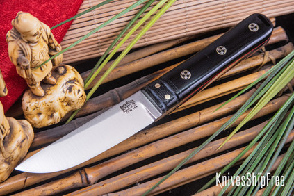 Bark River Knives: Kitsune Tanto - CPM 154 - Black Canvas Bolster - Black Carbon Fiber - Black Liners - Mosaic Pins