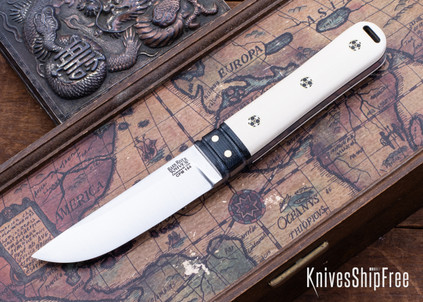 Bark River Knives: Kitsune Tanto - CPM 154 - Black Canvas Bolster - Bone White Micarta - Black Liners - Mosaic Pins