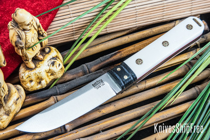 Bark River Knives: Kitsune Tanto - CPM 154 - Black Canvas Bolster - White Linen Micarta - Red Liners - Mosaic Pins