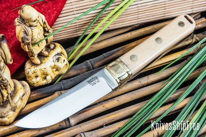 Bark River Knives: Kitsune Tanto - CPM 154 - Brass Bolster - Antique Bone Linen Micarta