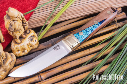 Bark River Knives: Kitsune Tanto - CPM 154 - Brass Bolster - Blue Texas Fencepost - Red Liners