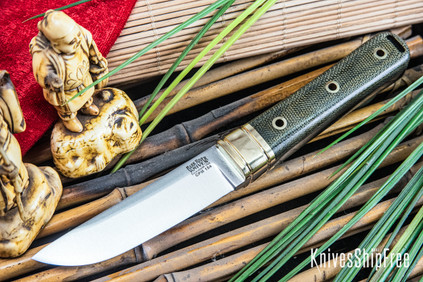 Bark River Knives: Kitsune Tanto - CPM 154 - Brass Bolster - Green Canvas Micarta - Hollow Brass Pins