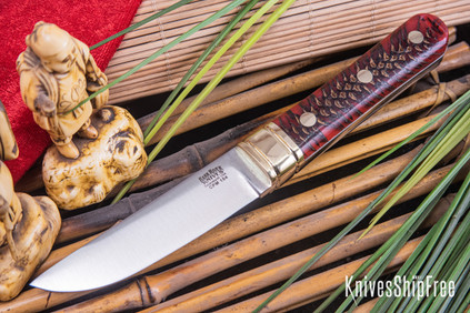 Bark River Knives: Kitsune Tanto - CPM 154 - Brass Bolster - Red Pinecone - White Liners