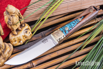 Bark River Knives: Kitsune Tanto - CPM 154 - Brass Bolster - Red Texas Fencepost - White Liners