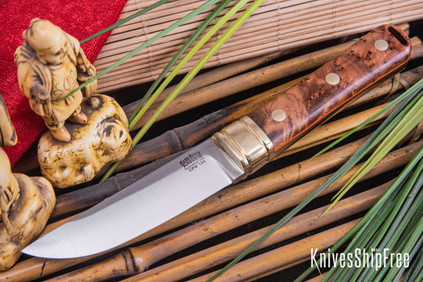 Bark River Knives: Kitsune Tanto - CPM 154 - Brass Bolster - Thuya Burl - Orange Liners