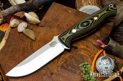 Bark River Knives: Gunny - PSB-27 - Black & Green Linen Micarta - Orange Liners - Brass Pins