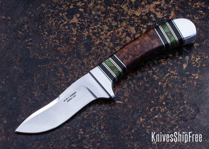Alan Warren Custom Knives: #2584 Humpback Hunter - Ironwood Burl - Stabilized Maple, Nickel Silver, Brass & Black G10 Accents - CPM 154