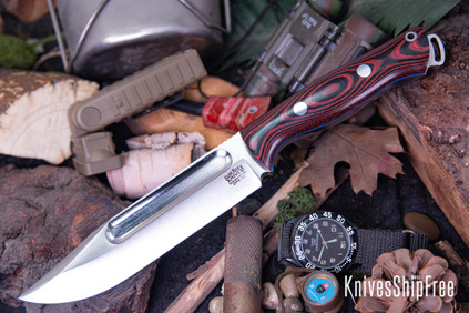 Bark River Knives: Squad Leader II - CPM 3V - Red & Black Linen Micarta - Blue Liners