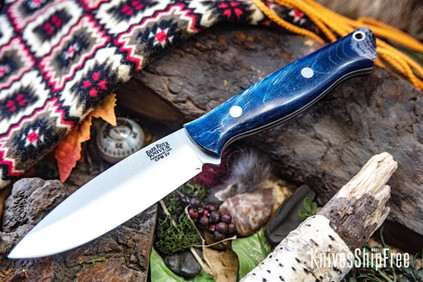 Bark River Knives: UP Gunny 3V - Navy Blue Tigertail Maple Burl - White Liners