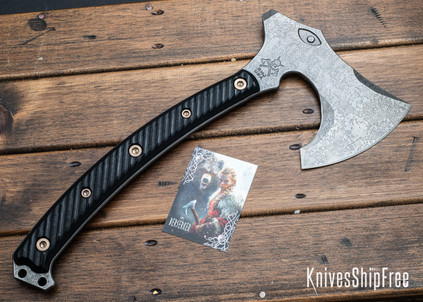 RMJ Tactical: Berserker - 80CrV2 Tomahawk - Black G-10 - Acid Etched