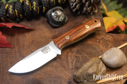 Bark River Knives: Micro Bravo CPM-154 - Snakebean Wood - Yellow Liners - Mosaic Pins
