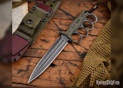 RMJ Tactical: Trench Raider - Dirty Olive G-10 - CPM-3V - Acid Etched - Oxblood Leather & Green Canvas Sheath