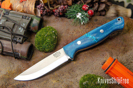 Bark River Knives: Gunny Scandi 3V - Blue Canvas Micarta - Turquoise Spacer - White Liners