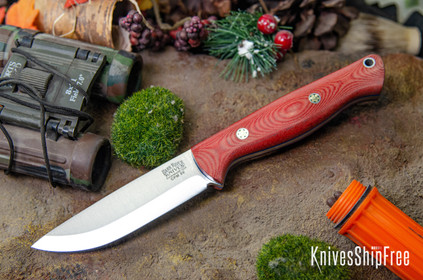 Bark River Knives: Gunny Scandi 3V - Red Linen Micarta - Blue Liners - Mosaic Pins
