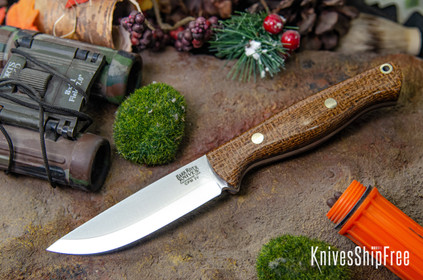 Bark River Knives: Gunny Scandi 3V - Tan Burlap Micarta - Black Liners - Brass Pins