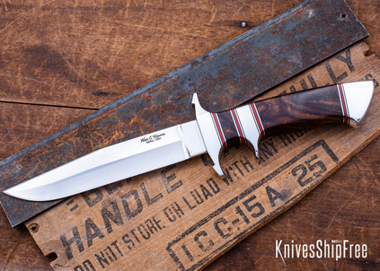 Alan Warren Custom Knives:#2704 Loveless Style Jr Bear Fighter - Ironwood Burl - Nickel Silver, Red & Black G10 Accents - CPM 154