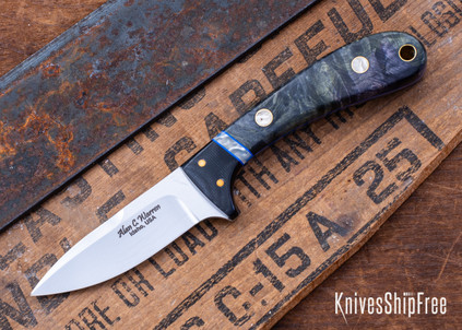 Alan Warren Custom Knives:#2719 George Herron Style Small Hunter - Dyed & Stabilized Burl - Royal Blue Liners - Musk Ox Accents - Brass & Musk Ox Pins - CPM 154
