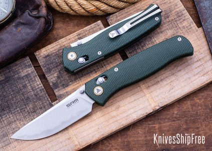 SRM Knives: Medal 255L-MG - OD Green Micarta - Bead Blast Drop Point  - Ambi-Lock - Laminated 140Cr