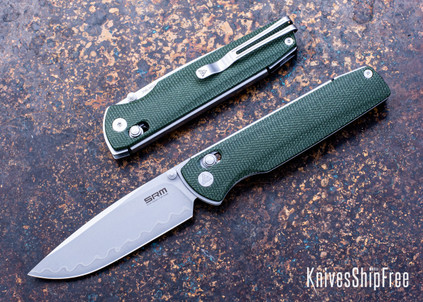 SRM Knives: Terrier 258L-MG2- OD Green Micarta - Bead Blast Drop Point  - Ambi-Lock - Laminated 140Cr