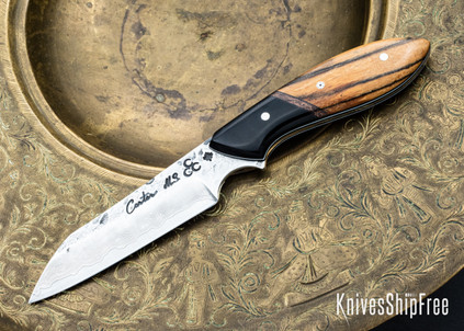 Carter Cutlery: Wharncliffe Brute - Buffalo Horn, White & Black Ebony Wood - Black & White Liners - Folded Copper & Black Carbon Fiber Insert - Mosaic Pin - Jeweled Damascus