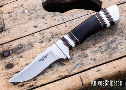 Alan Warren Custom Knives: #2711 Trailing Point Hunter - African Blackwood - Nickel Silver/Black G10/Fossilized Walrus Ivory Spacers - Aluminum Pommel - File Work - CPM-154
