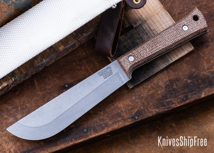 L.T. Wright Knives: Woods Monkey Half/Chete - Burlap Micarta - Matte - 1095 Carbon Steel - Stonewashed - Firehose Sheath
