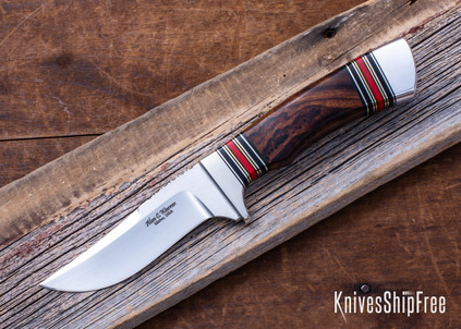 Alan Warren Custom Knives: #2710 Trailing Point Hunter - Ironwood Burl- Nickel Silver/Red&Black G10/Brass Accents - Aluminum Pommel - File Work - CPM-154