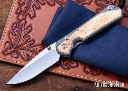 Chris Reeve Knives: Large Sebenza 31 - Glass Blasted Titanium - Box Elder Burl - CPM-MagnaCut - Drop Point - CR10HL003