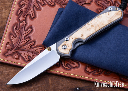 Chris Reeve Knives: Large Sebenza 31 - Glass Blasted Titanium - Box Elder Burl - CPM-MagnaCut - Drop Point - CR10HL005