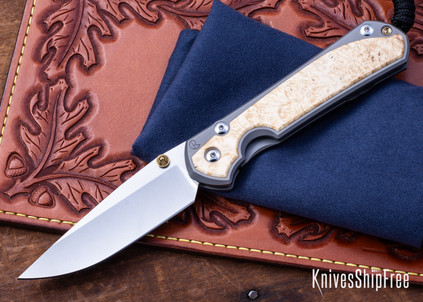 Chris Reeve Knives: Large Sebenza 31 - Glass Blasted Titanium - Box Elder Burl - CPM-MagnaCut - Drop Point - CR10HL010