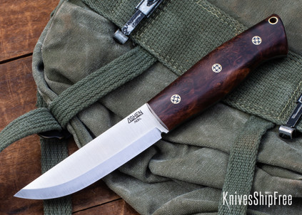Lishen Knives: Woodsman Scandi - AEB-L - Redwood Burl - Mosaic Pins