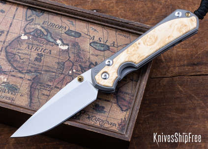 Chris Reeve Knives: Large Sebenza 31 - Glass Blasted Titanium - Box Elder Burl - CPM-MagnaCut - Drop Point - CR10HL021