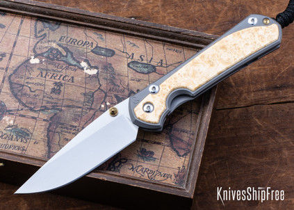 Chris Reeve Knives: Large Sebenza 31 - Glass Blasted Titanium - Box Elder Burl - CPM-MagnaCut - Drop Point - CR10HL028