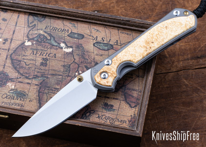 Chris Reeve Knives: Large Sebenza 31 - Glass Blasted Titanium - Box Elder Burl - CPM-MagnaCut - Drop Point - CR10HL034