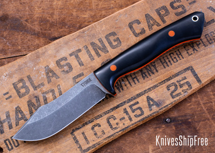 7Forge Knives:  Artemis Trapper - Black Paper Micarta - Thick Orange Liners &  Pins - A2