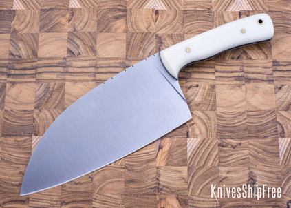 Riner Customs: 7.75" Serbian Chef Knife - White Canvas Micarta - Black Liners - Brass Pins