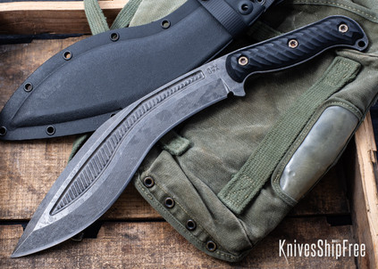 RMJ Tactical: Kukri - Textured Black G-10 - 80CrV2 - Acid Etched