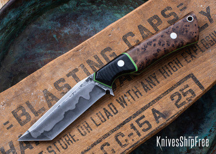WW Customs: Wanderer - Black Linen Micarta & Thula Burl - Green Liners - W2 - Tanto