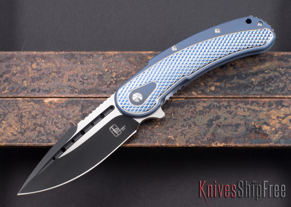 Todd Begg Knives: Steelcraft Series - Bodega - Blue Frame - Silver Checkered Pattern - Two-Tone Blade