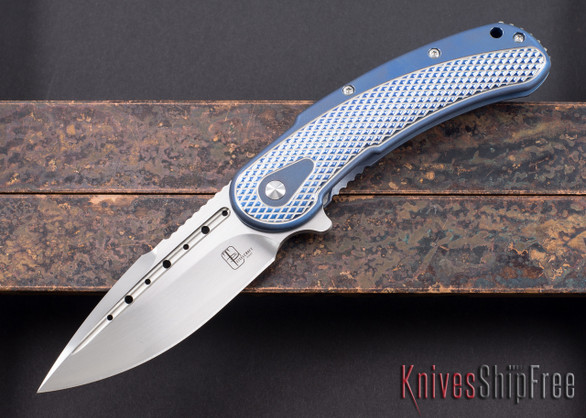 Todd Begg Knives: Steelcraft Series - Bodega - Blue Frame - Silver Checkered Pattern - Satin Blade