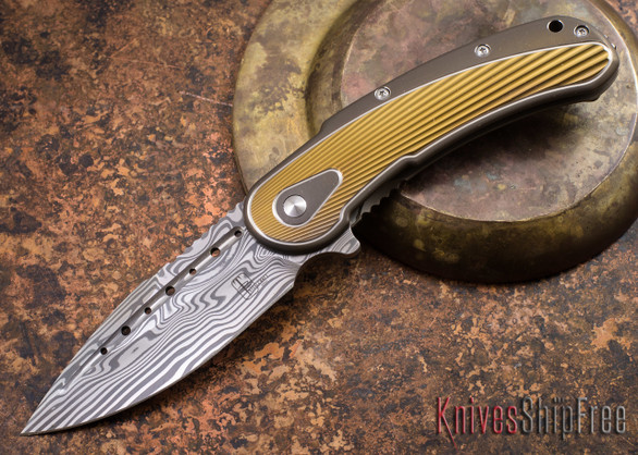 Todd Begg Knives: Steelcraft Series - Bodega - Bronze Frame - Gold Fan Pattern - Damasteel - 017