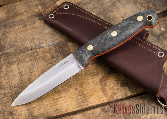 L.T. Wright Knives: GNS - Saber Grind - Black Canvas Micarta - Matte - Orange Liners