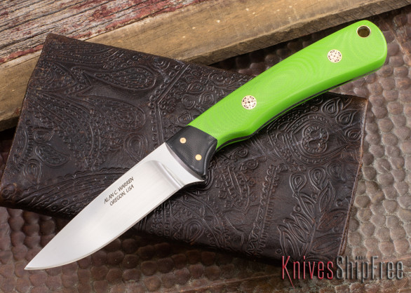 Alan Warren Knives: #1863 Custom Neck Knife - Toxic Green G-10 - Black G-10 Bolsters - Mosaic Pins