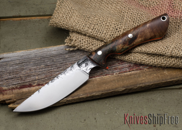 Lon Humphrey Knives: Bridger - Big Leaf Maple Burl - Orange Liners - 060632
