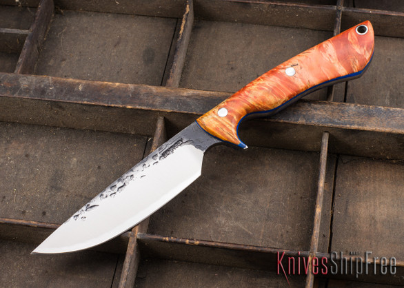 Lon Humphrey Knives: Bridger - Orange & Gold Buckeye Burl - Blue Liners - 020881